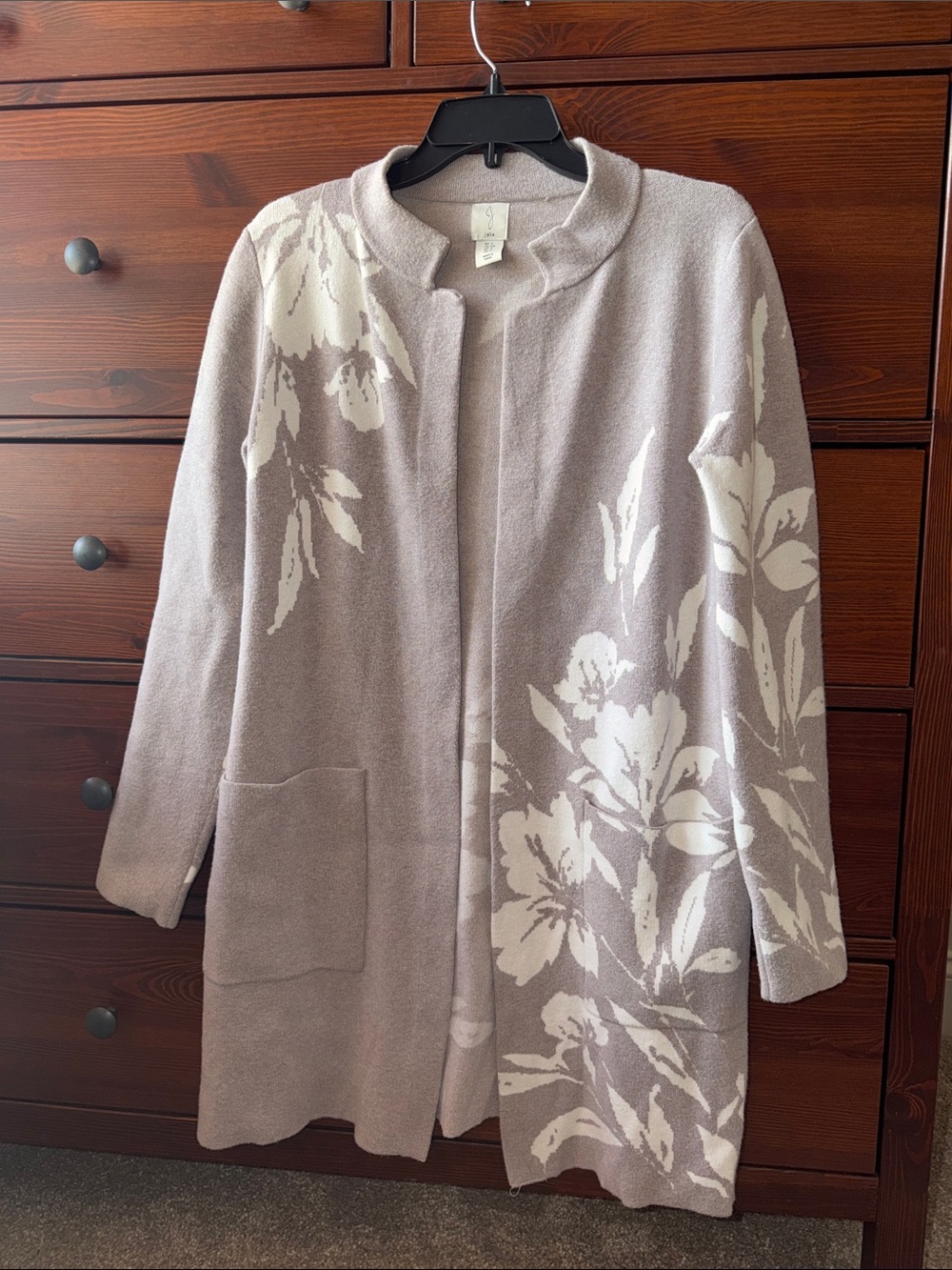 Floral Open-Front Knit Cardigan Sweater - Light Taupe & Cream